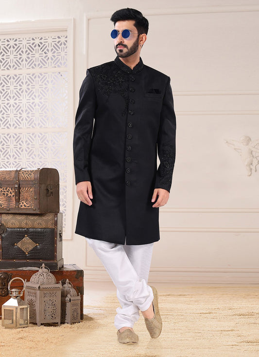 Indo Western Sherwani Rayon Black Embroidered Mens