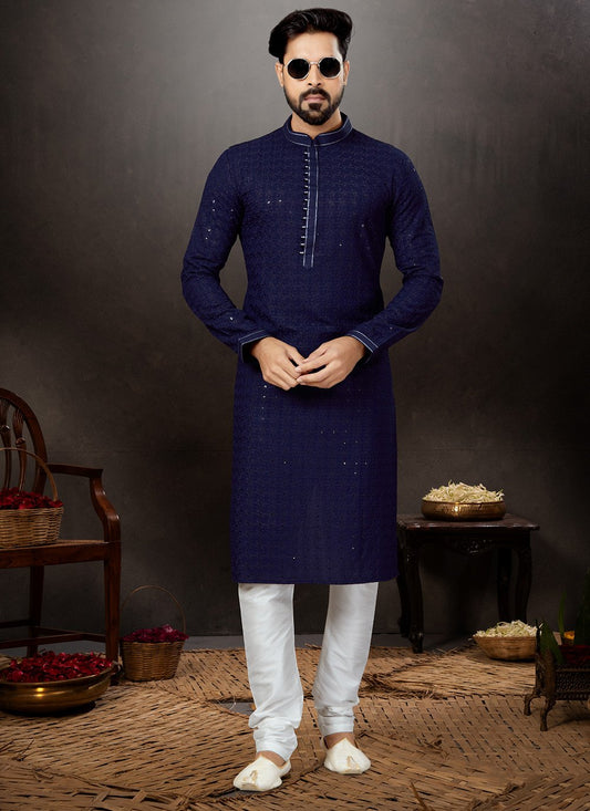 Kurta Pyjama Rayon Blue Lucknowi Work Mens