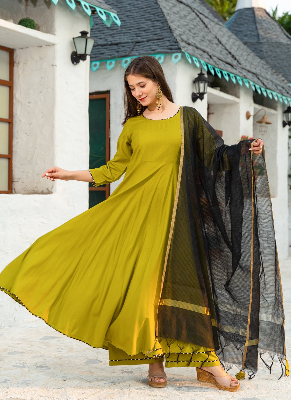 Palazzo Salwar Suit Rayon Green Lace Salwar Kameez