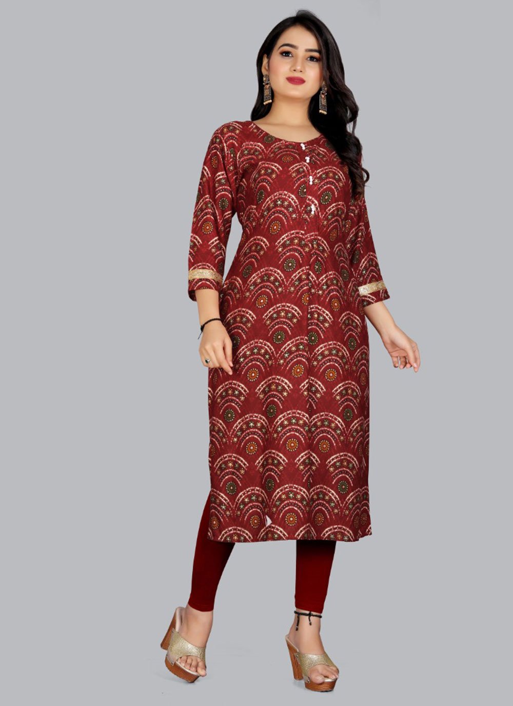 Casual Kurti Rayon Viscose Maroon Foil Print Kurtis