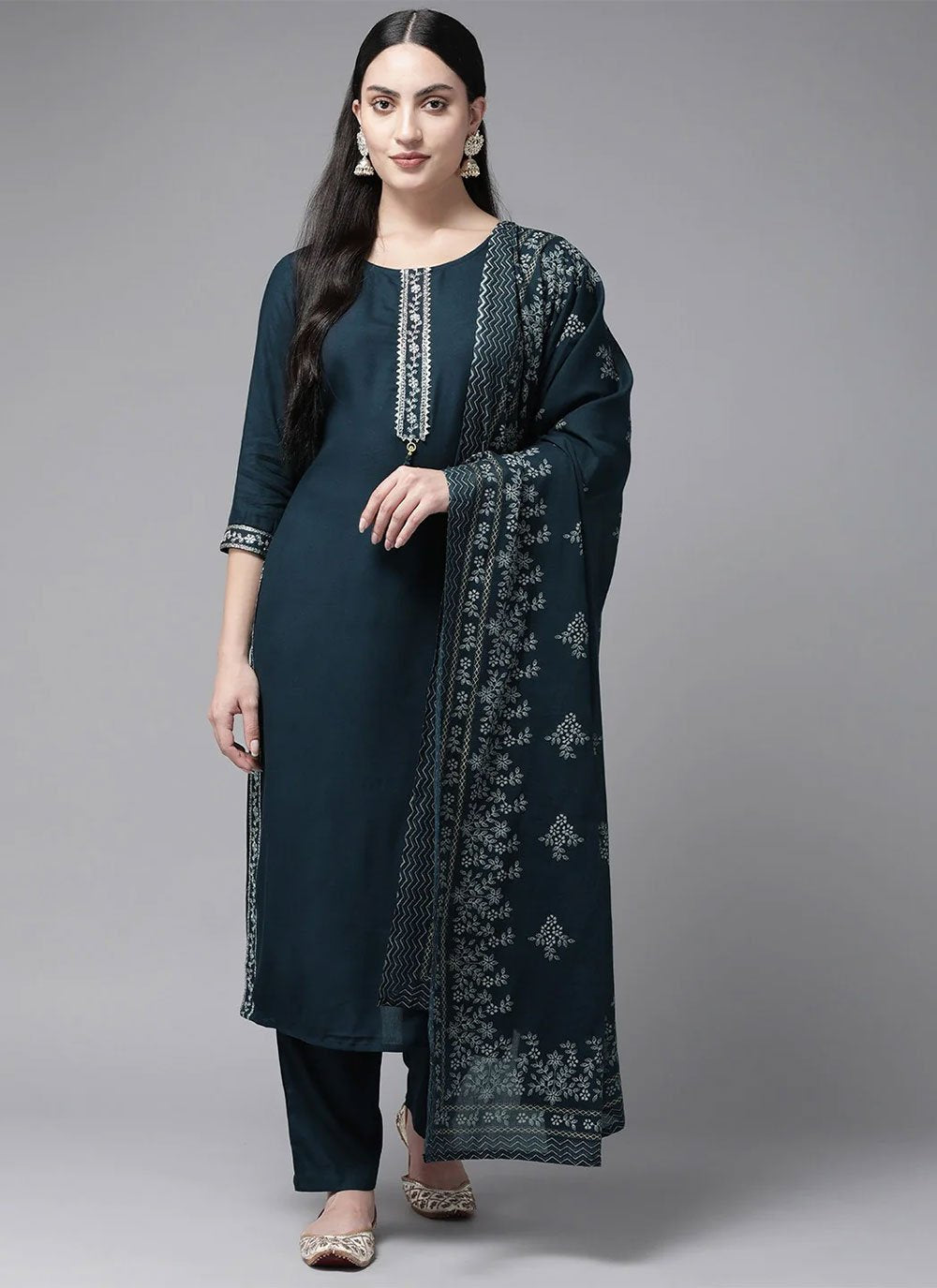 Floor Lenght Salwar Suit Rayon Viscose Teal Plain Salwar Kameez