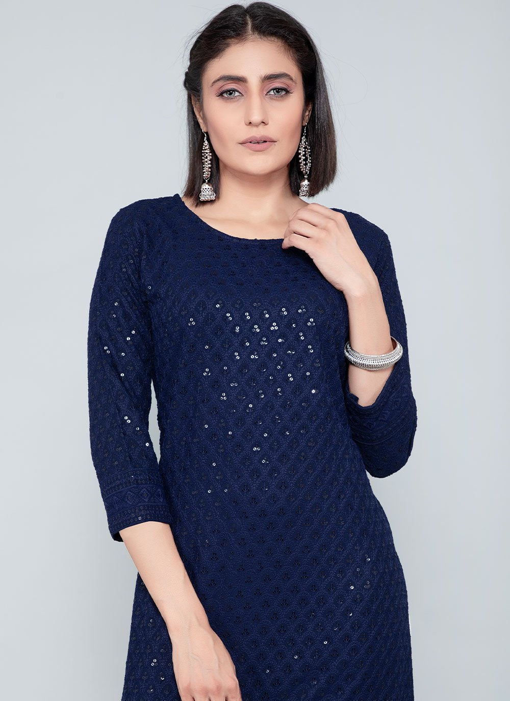 Designer Kurti Rayon Blue Chikankari Work Kurtis