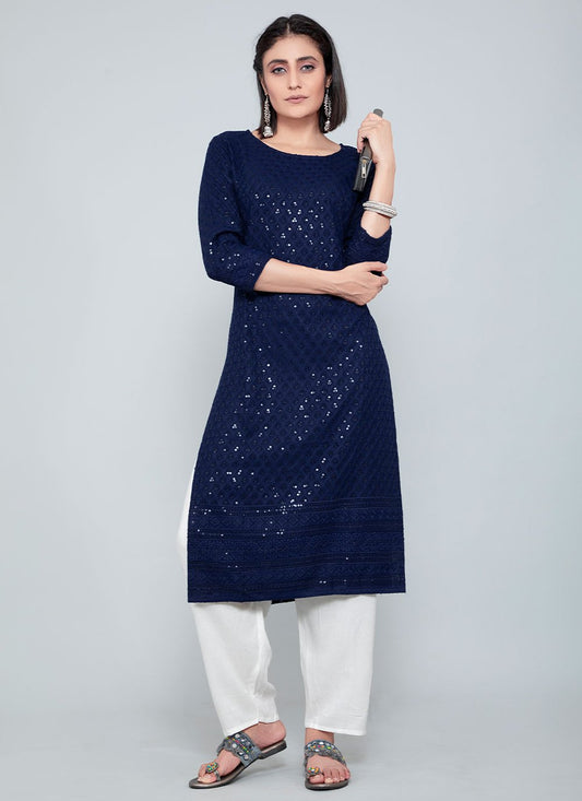 Designer Kurti Rayon Blue Chikankari Work Kurtis