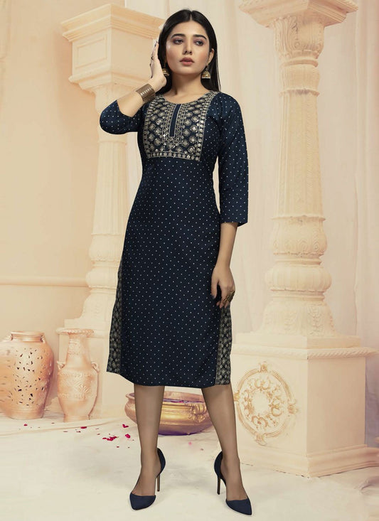 Designer Kurti Rayon Blue Embroidered Kurtis