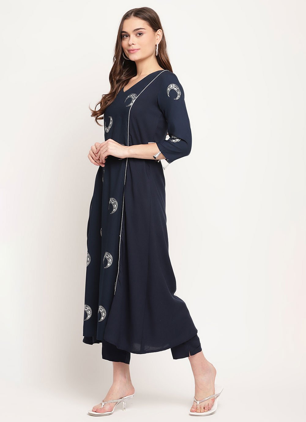 Designer Kurti Rayon Blue Foil Print Kurtis