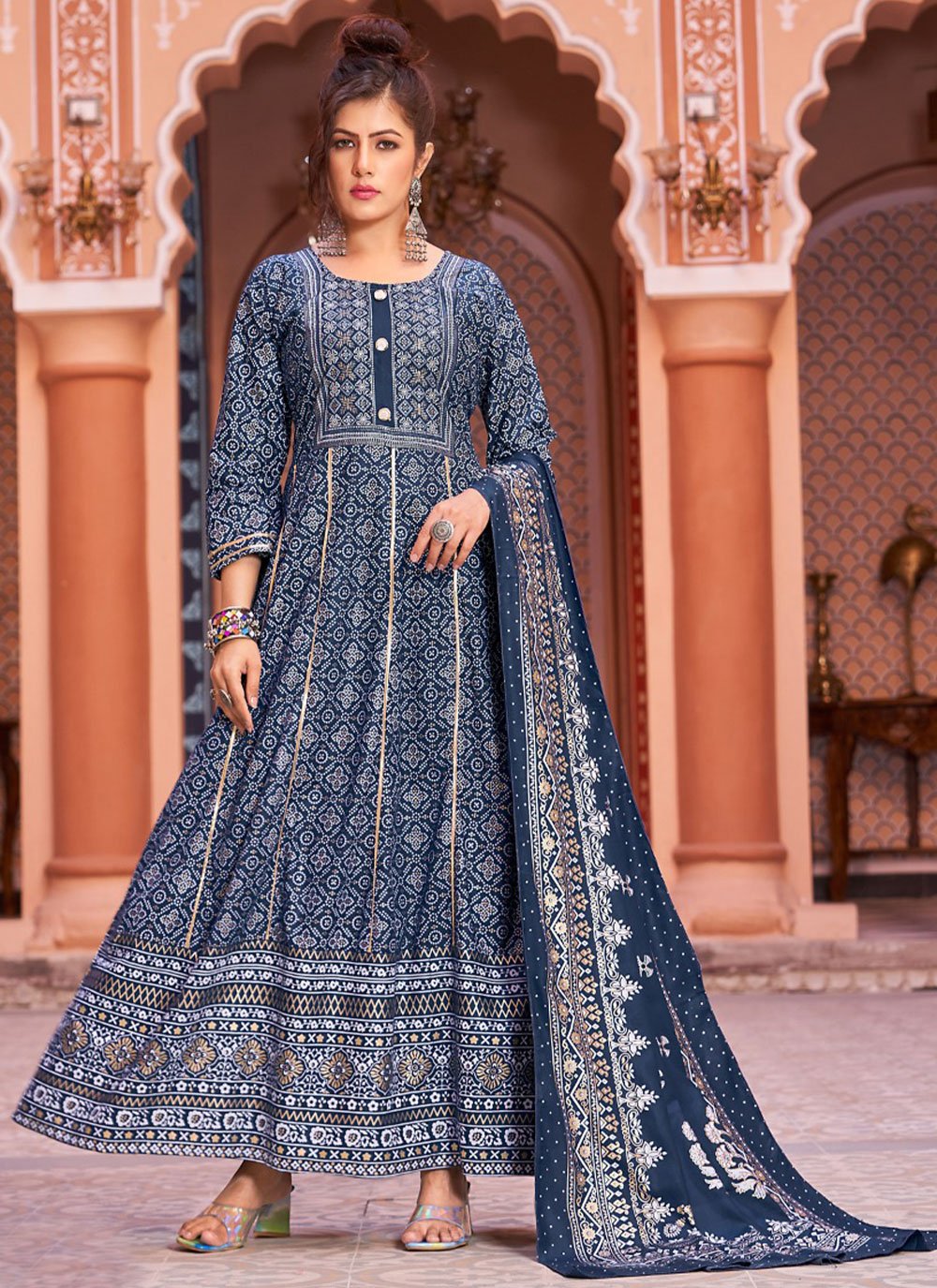 Gown Rayon Blue Print Gown