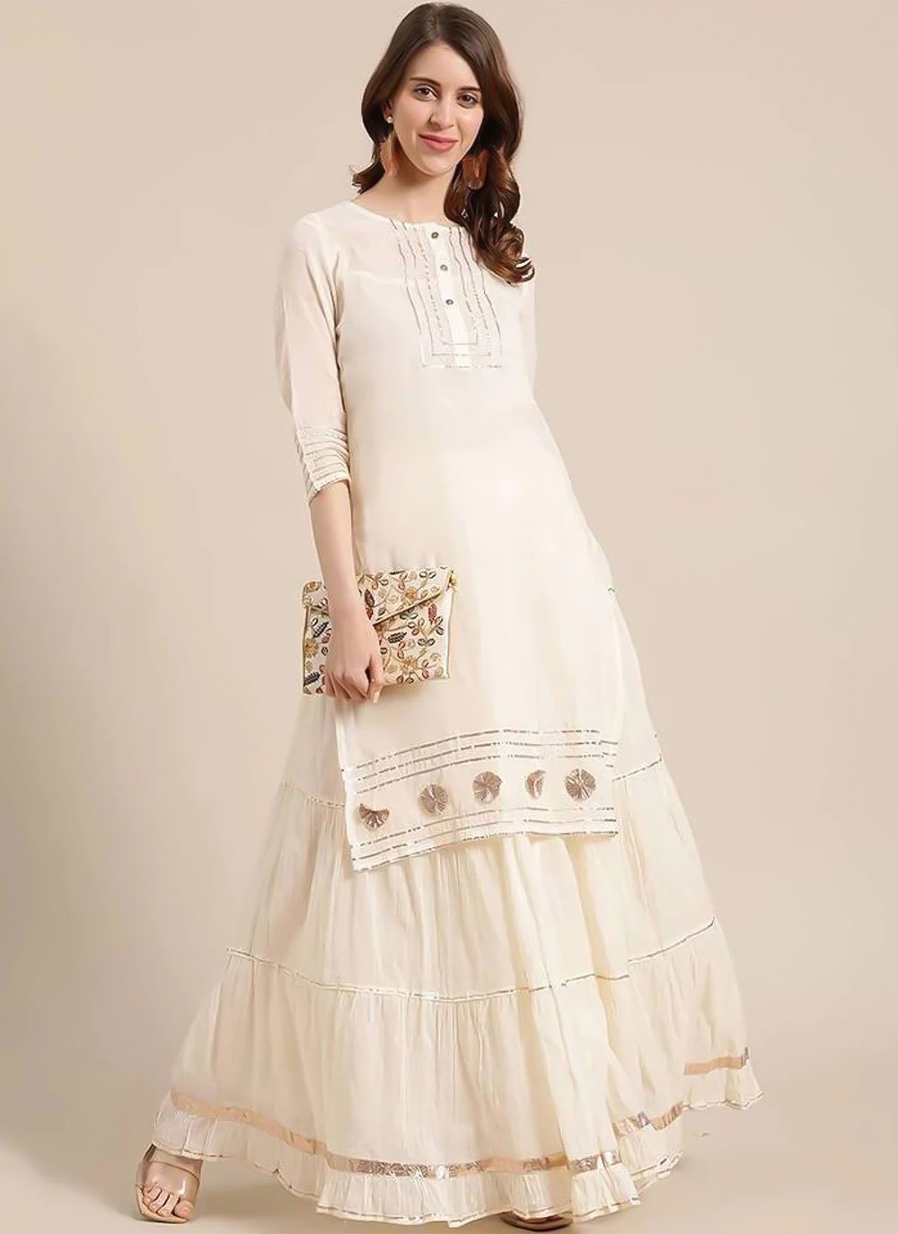 Party Wear Kurti Rayon Off White Gota Work Kurtis