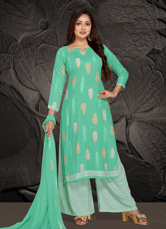 Palazzo Salwar Suit Rayon Green Print Salwar Kameez