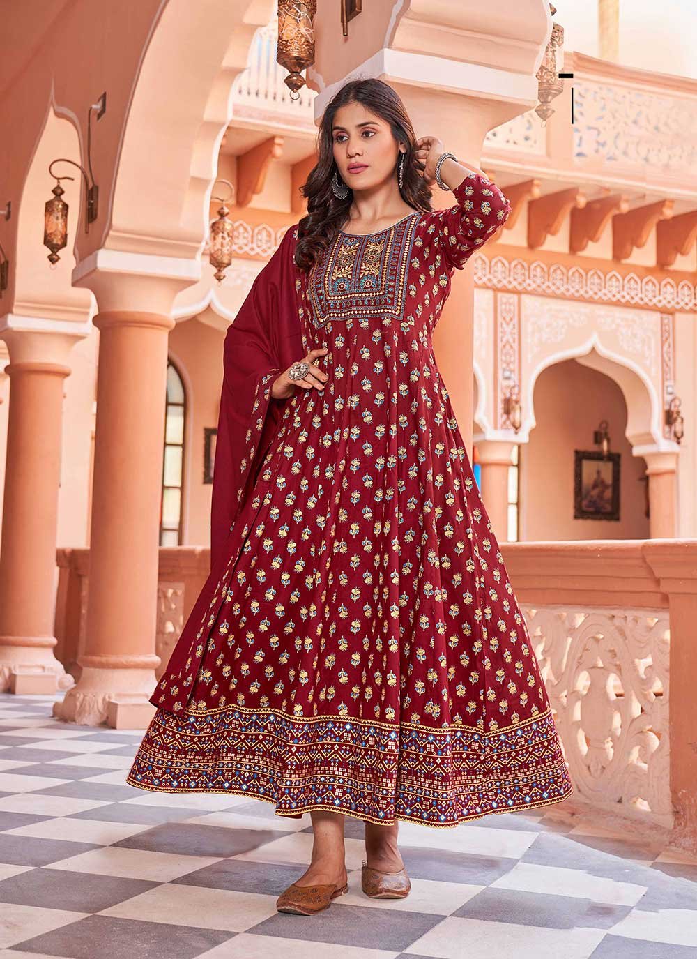 Designer Gown Rayon Maroon Embroidered Gown