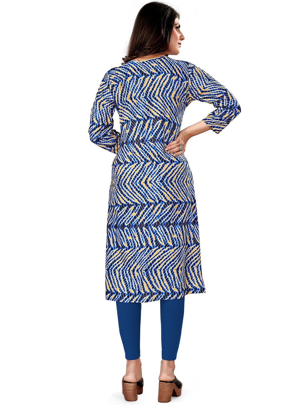 Designer Kurti Rayon Viscose Blue Foil Print Kurtis