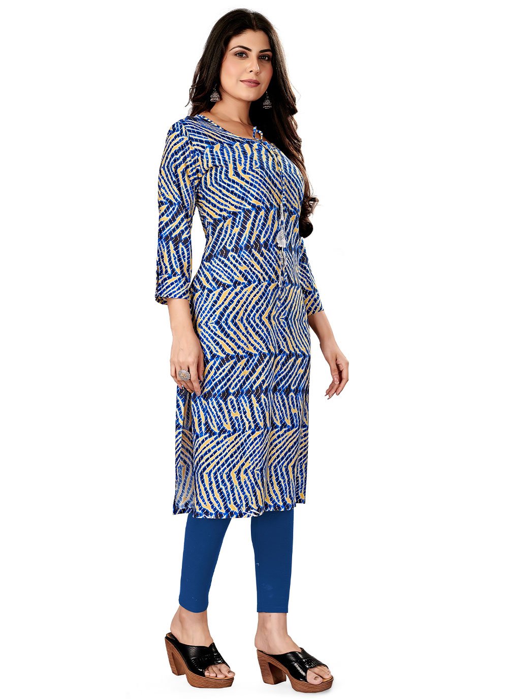 Designer Kurti Rayon Viscose Blue Foil Print Kurtis