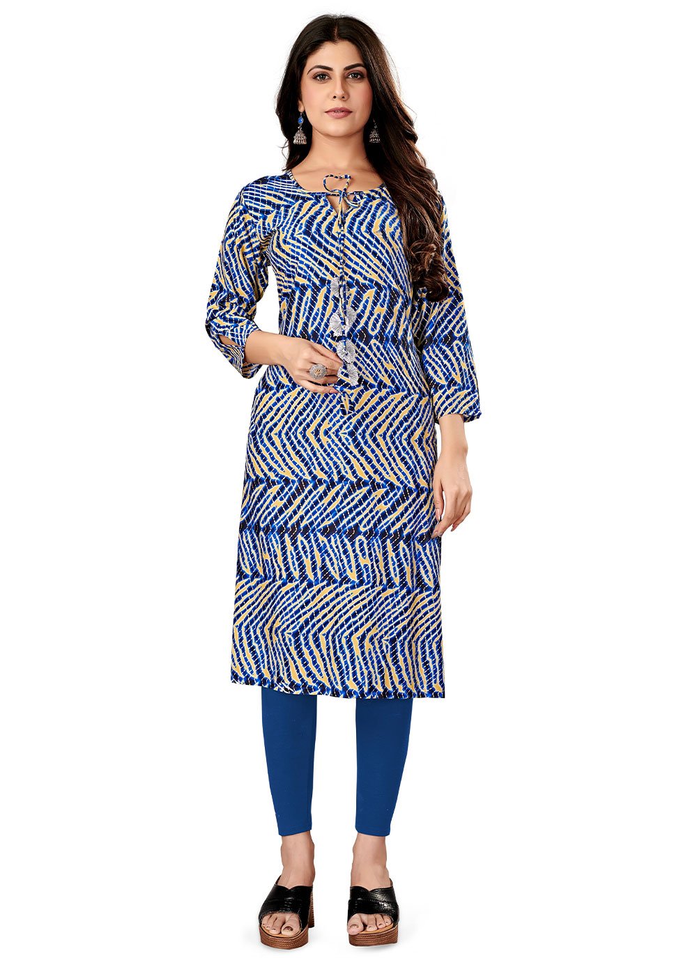 Designer Kurti Rayon Viscose Blue Foil Print Kurtis