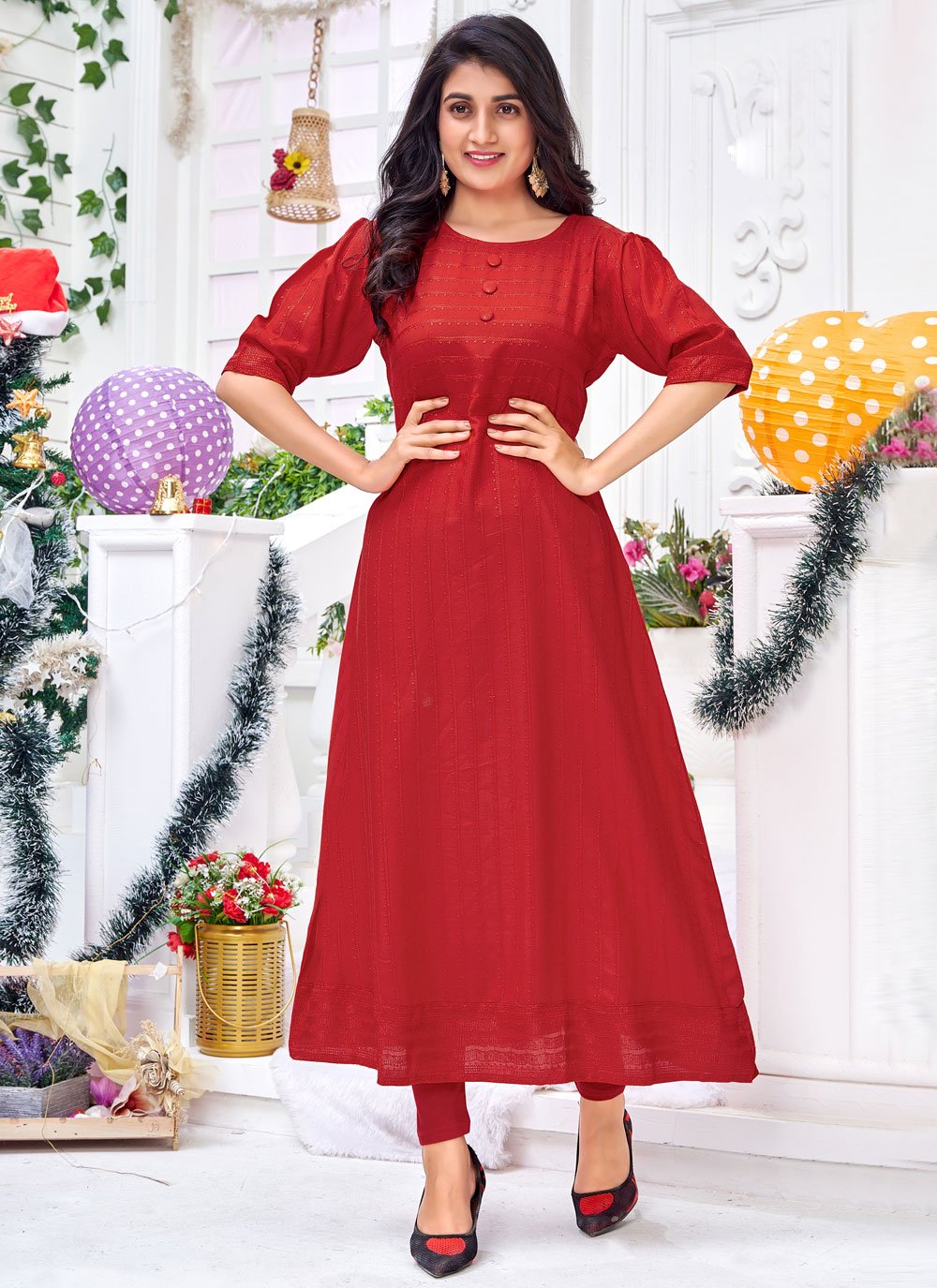 Gown Rayon Red Chikankari Work Gown