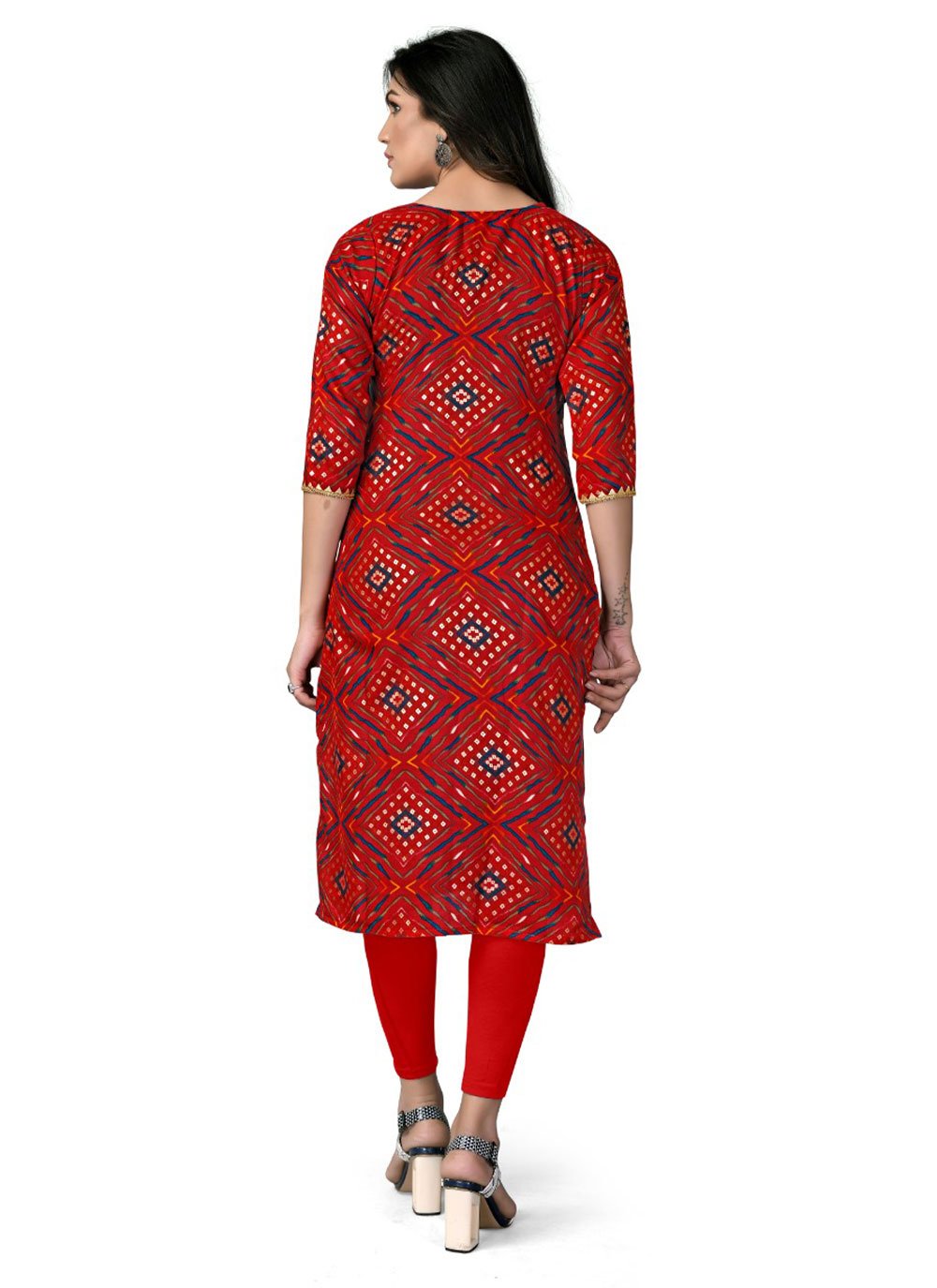 Party Wear Kurti Cotton Rayon Red Foil Print Kurtis