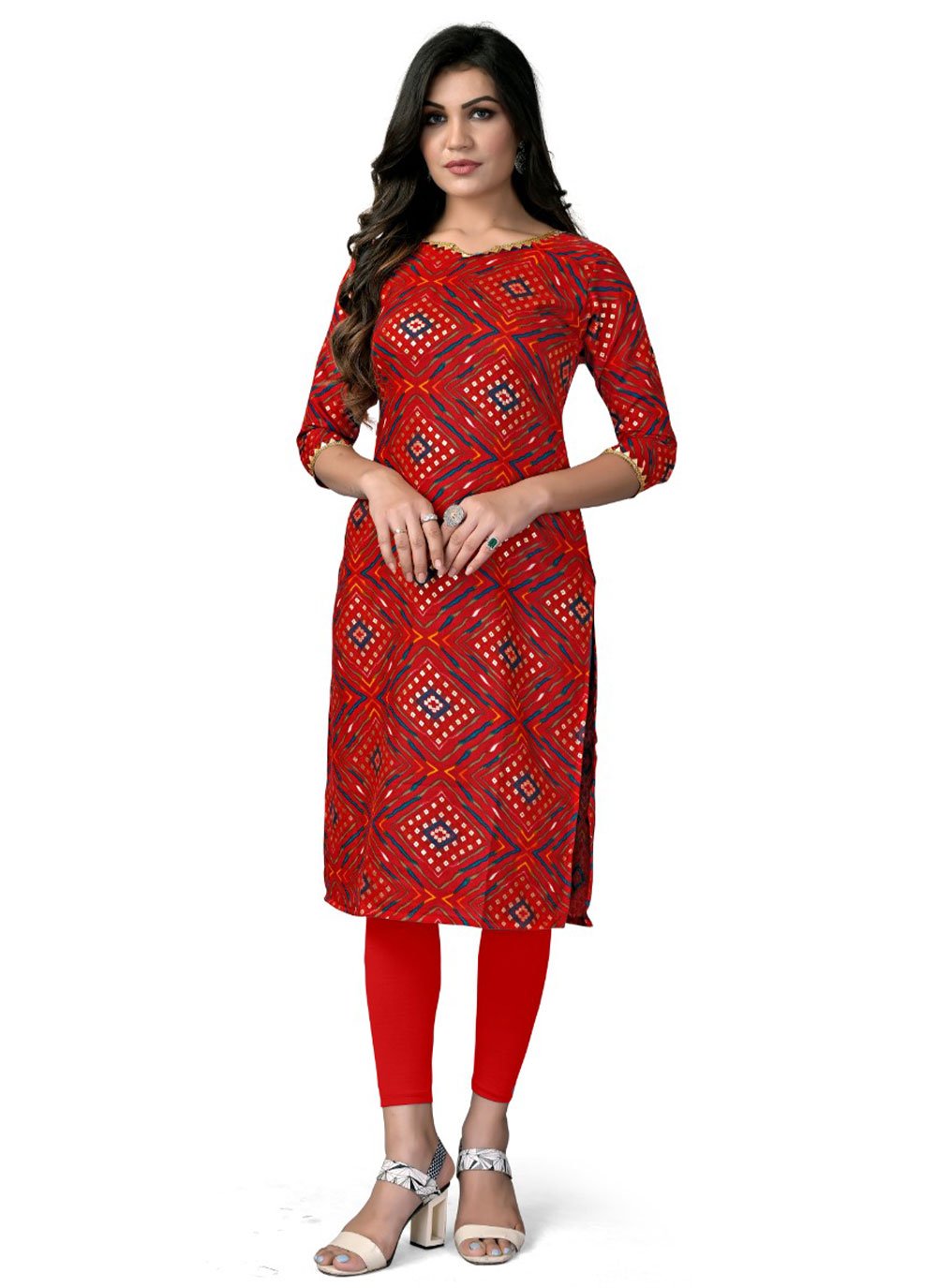 Party Wear Kurti Cotton Rayon Red Foil Print Kurtis