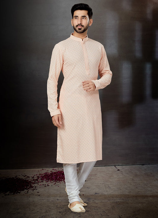 Kurta Pyjama Rayon Peach Lucknowi Work Mens