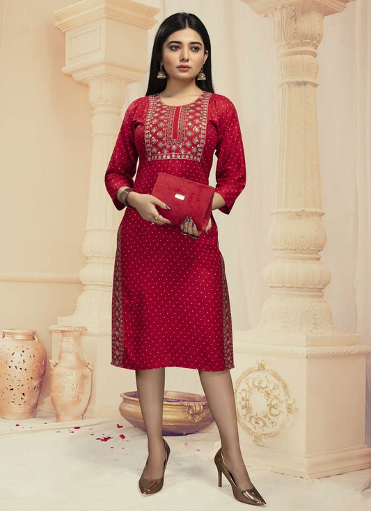 Casual Kurti Rayon Pink Embroidered Kurtis