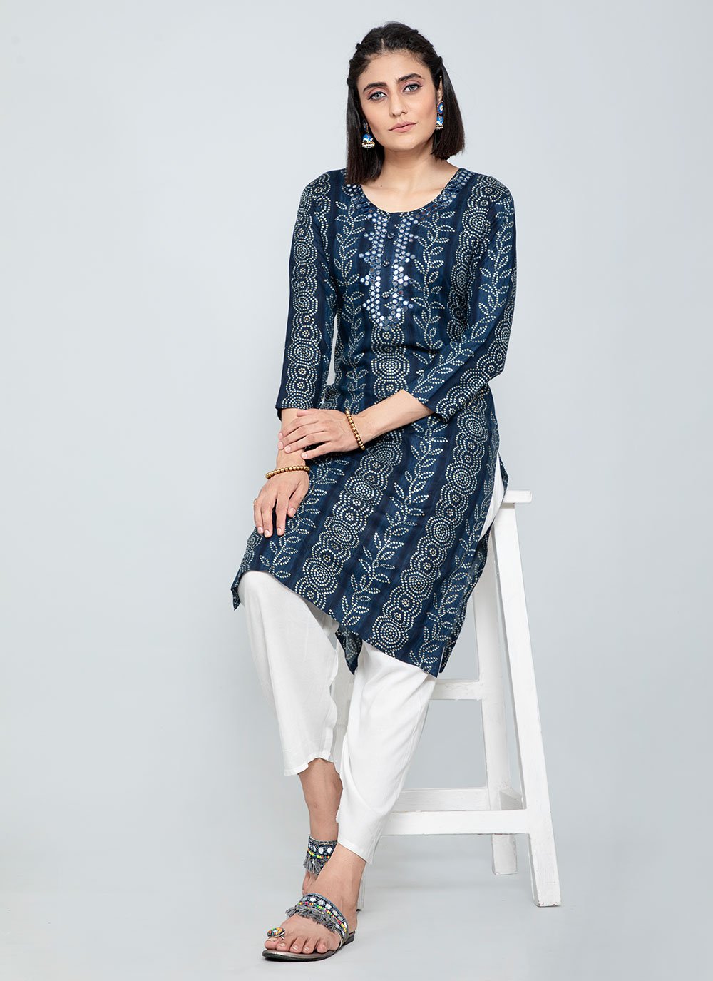 Party Wear Kurti Rayon Blue Mirror Kurtis