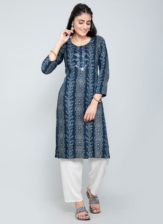 Party Wear Kurti Rayon Blue Mirror Kurtis