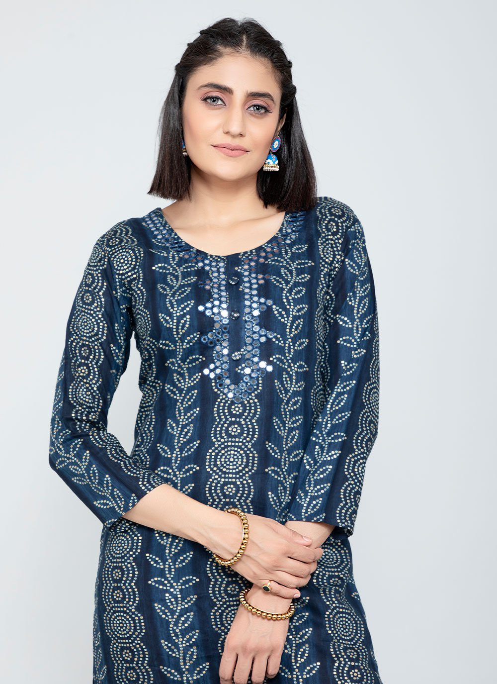 Party Wear Kurti Rayon Blue Mirror Kurtis