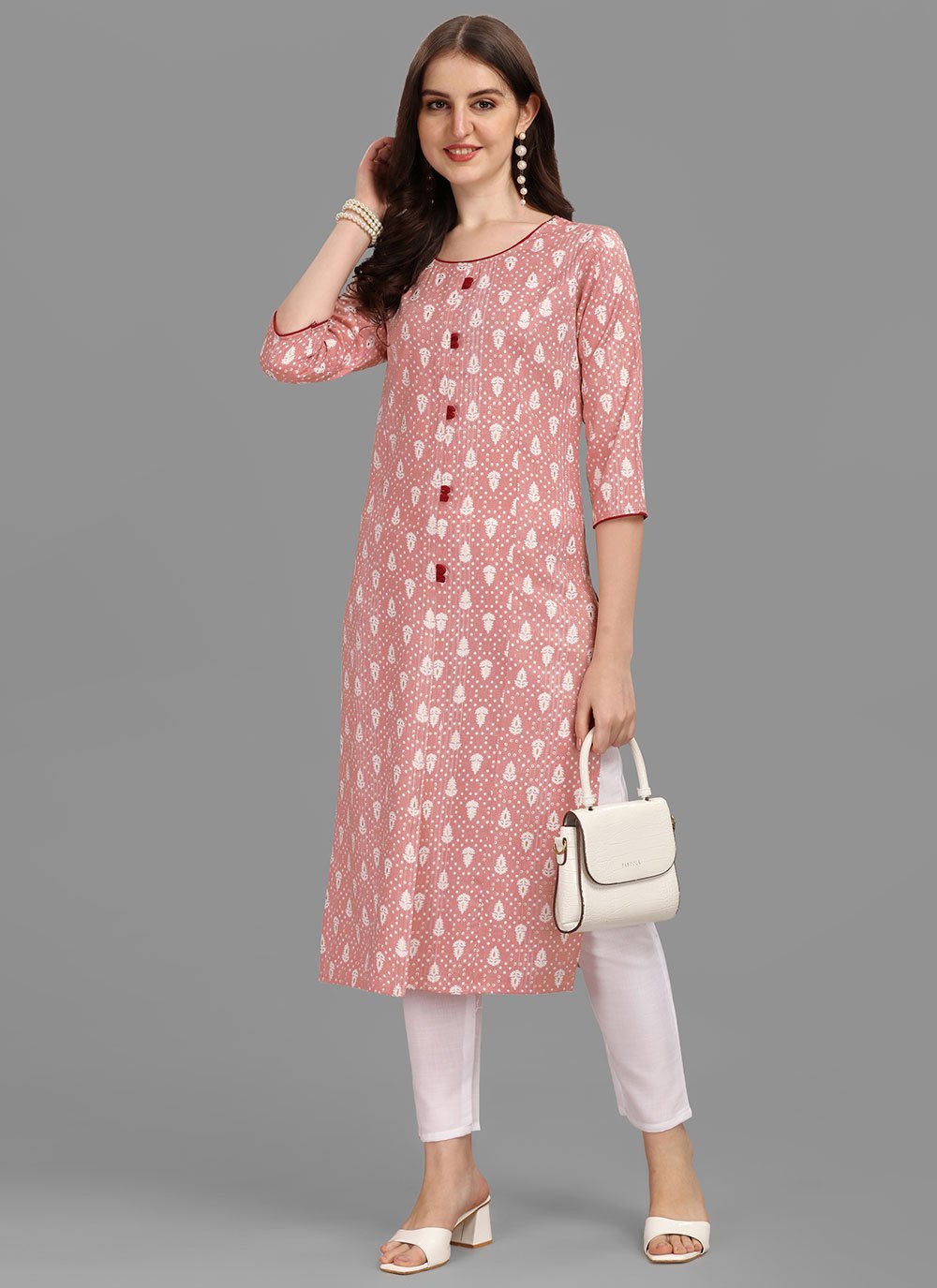 Designer Kurti Rayon Peach Print Kurtis