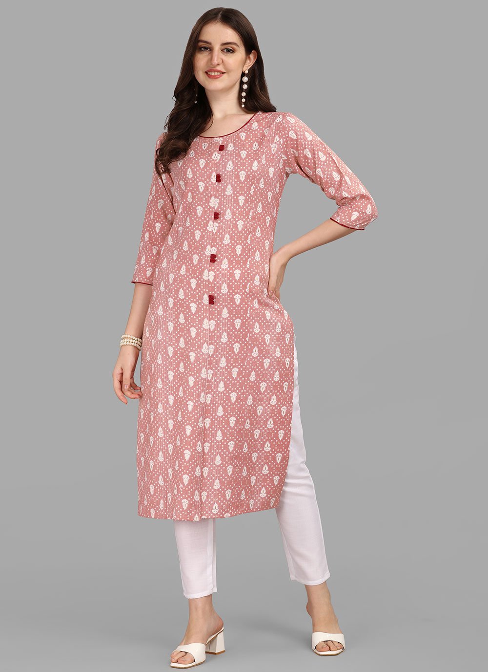 Designer Kurti Rayon Peach Print Kurtis