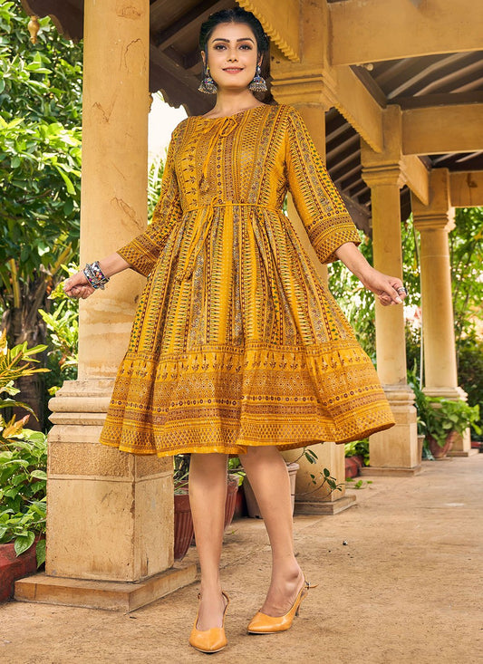 Designer Kurti Rayon Yellow Print Kurtis