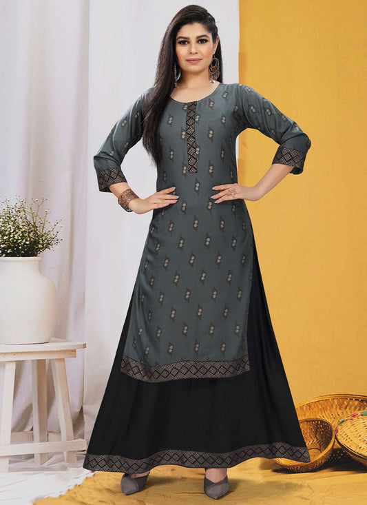 Party Wear Kurti Rayon Grey Print Kurtis