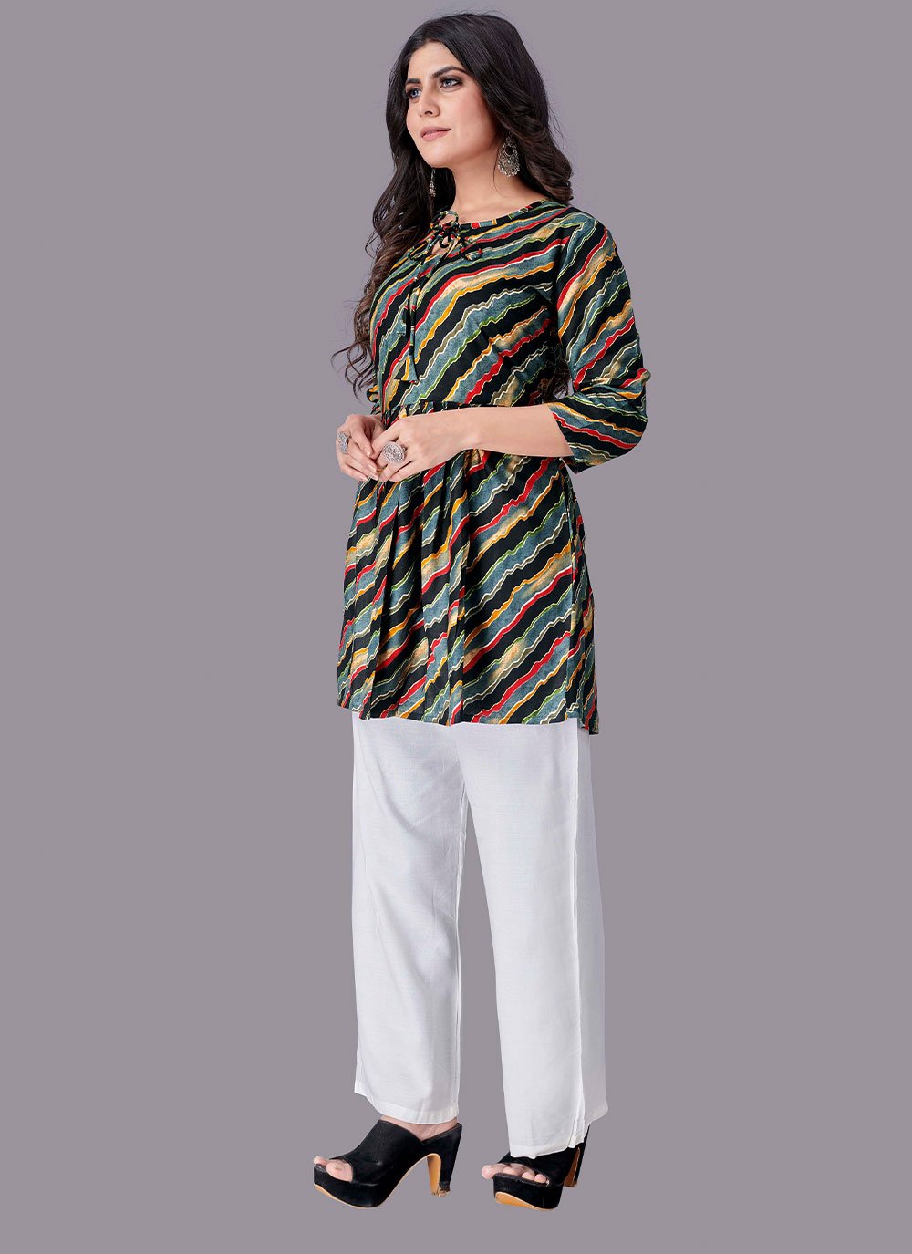 Party Wear Kurti Rayon Multi Colour Foil Print Kurtis