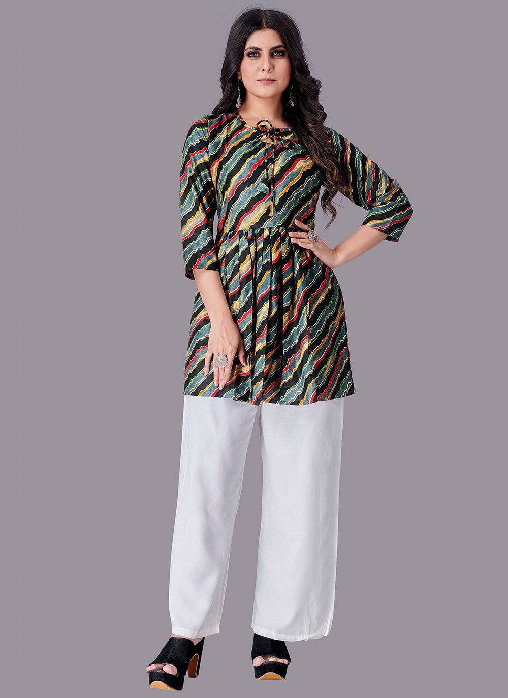 Party Wear Kurti Rayon Multi Colour Foil Print Kurtis