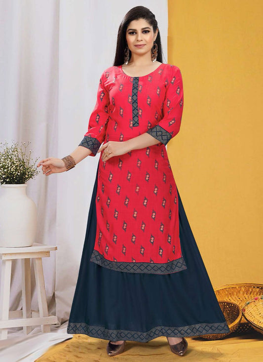 Designer Kurti Rayon Pink Print Kurtis