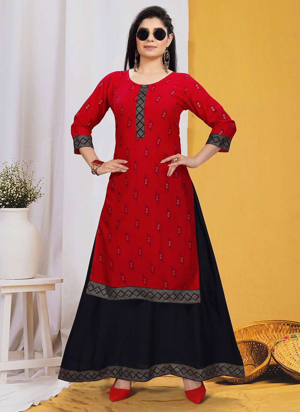 Designer Kurti Rayon Red Print Kurtis