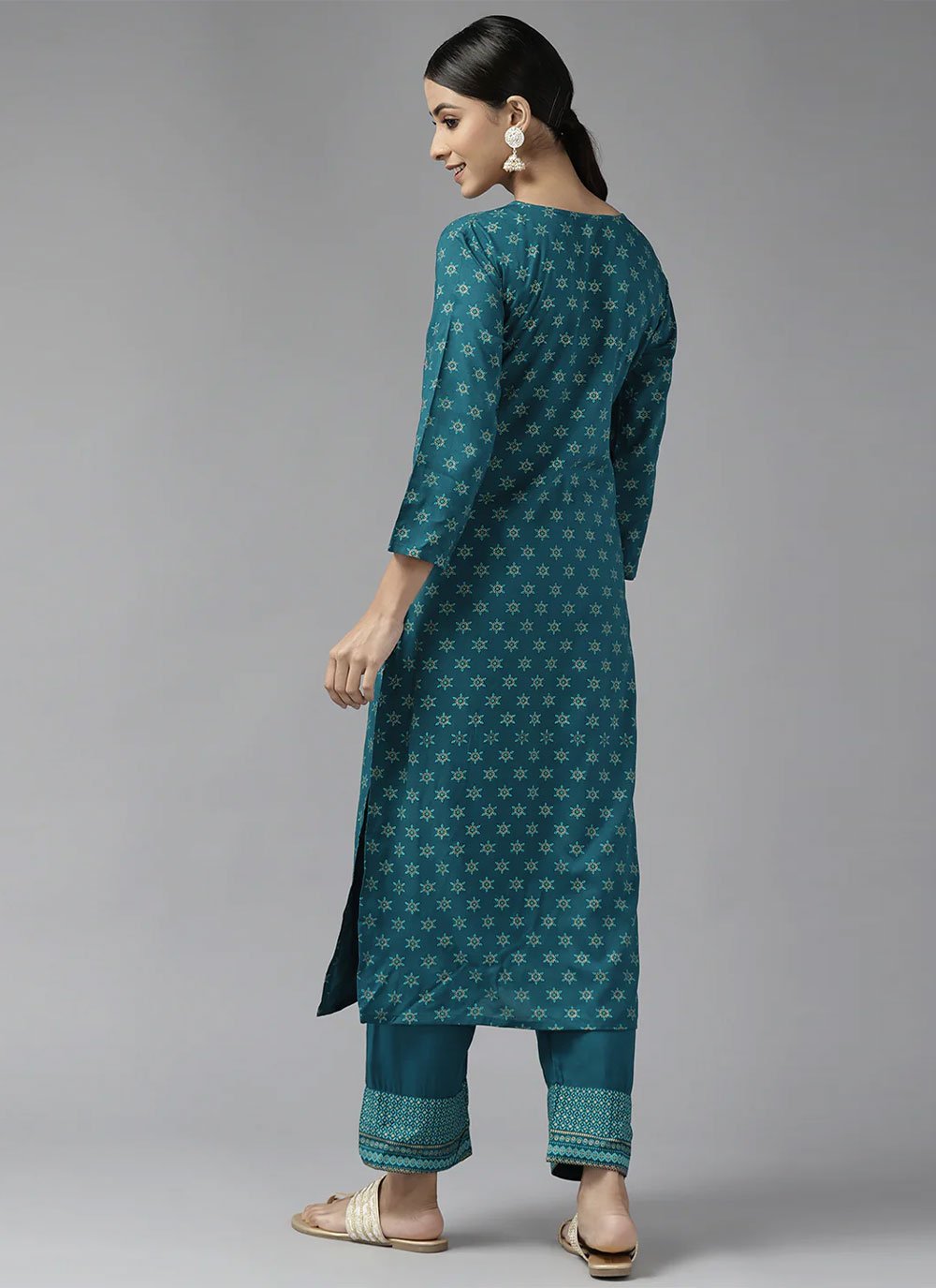 Party Wear Kurti Rayon Teal Print Kurtis