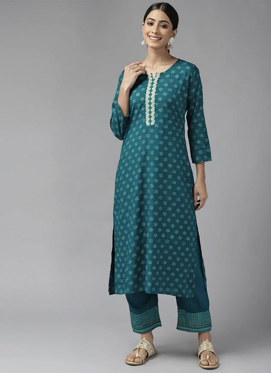 Party Wear Kurti Rayon Teal Print Kurtis