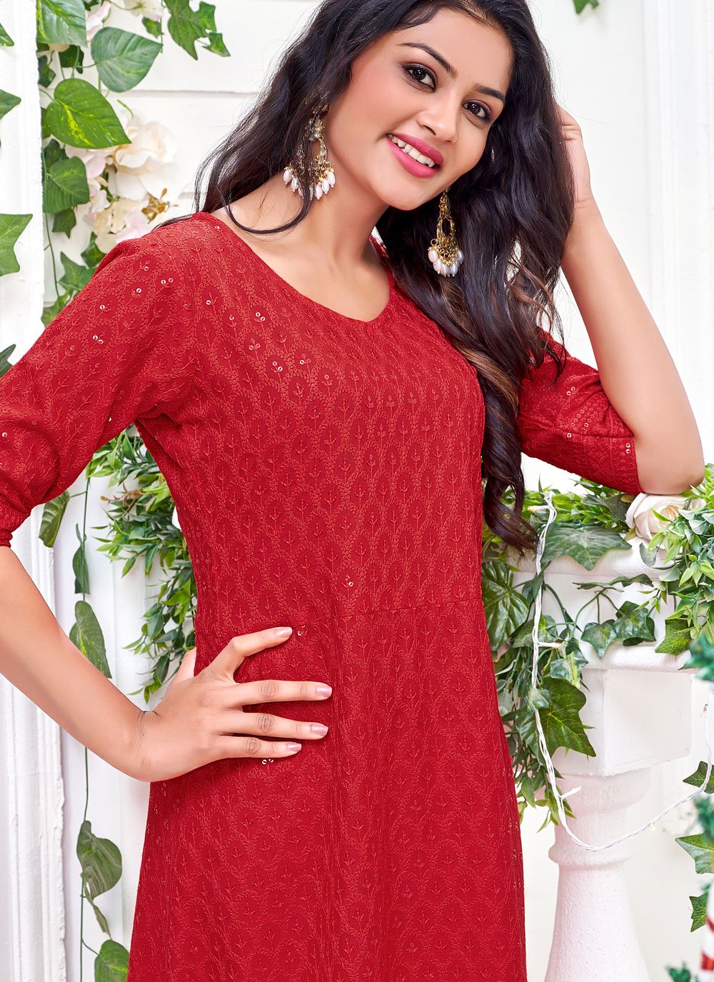 Gown Rayon Red Chikankari Work Gown