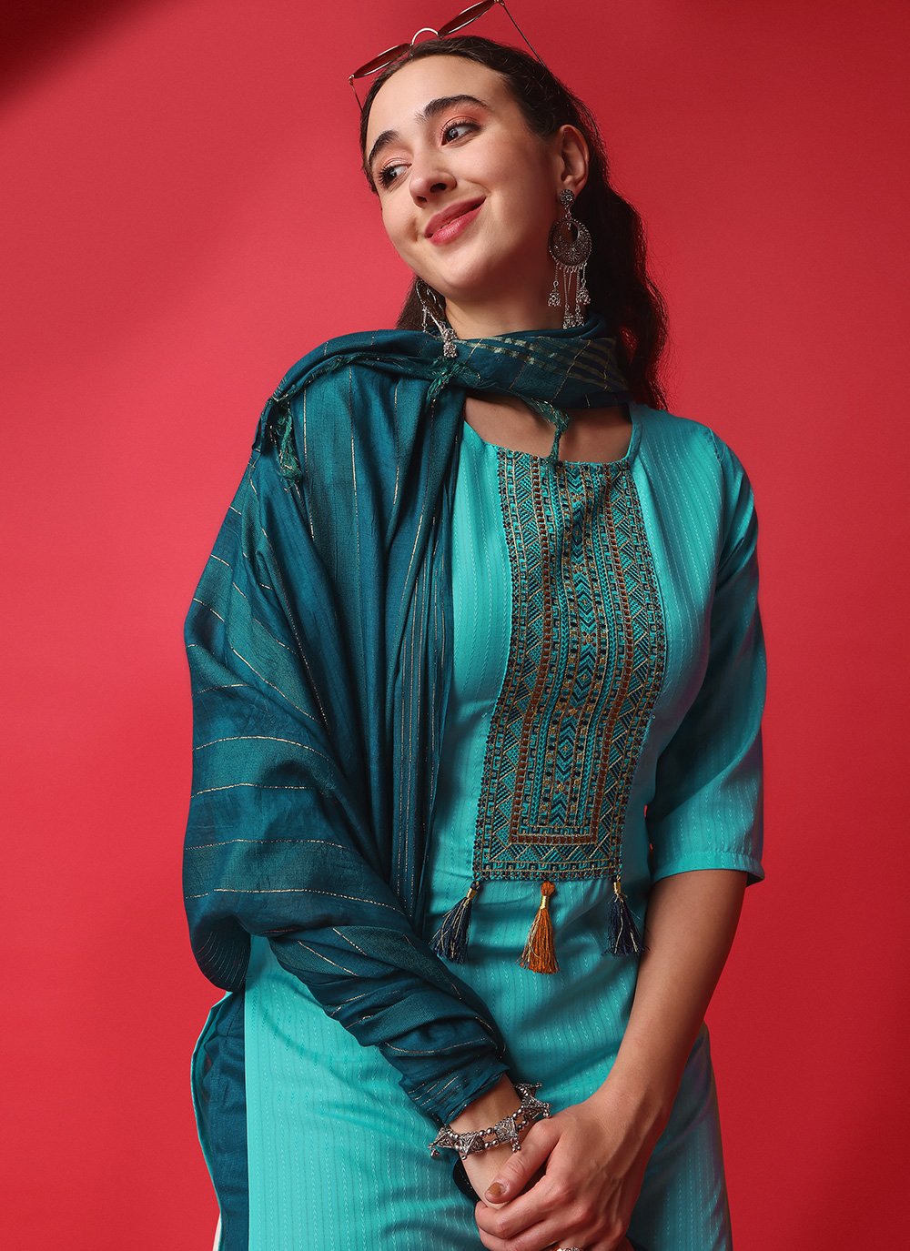 Salwar Suit Rayon Viscose Turquoise Embroidered Salwar Kameez