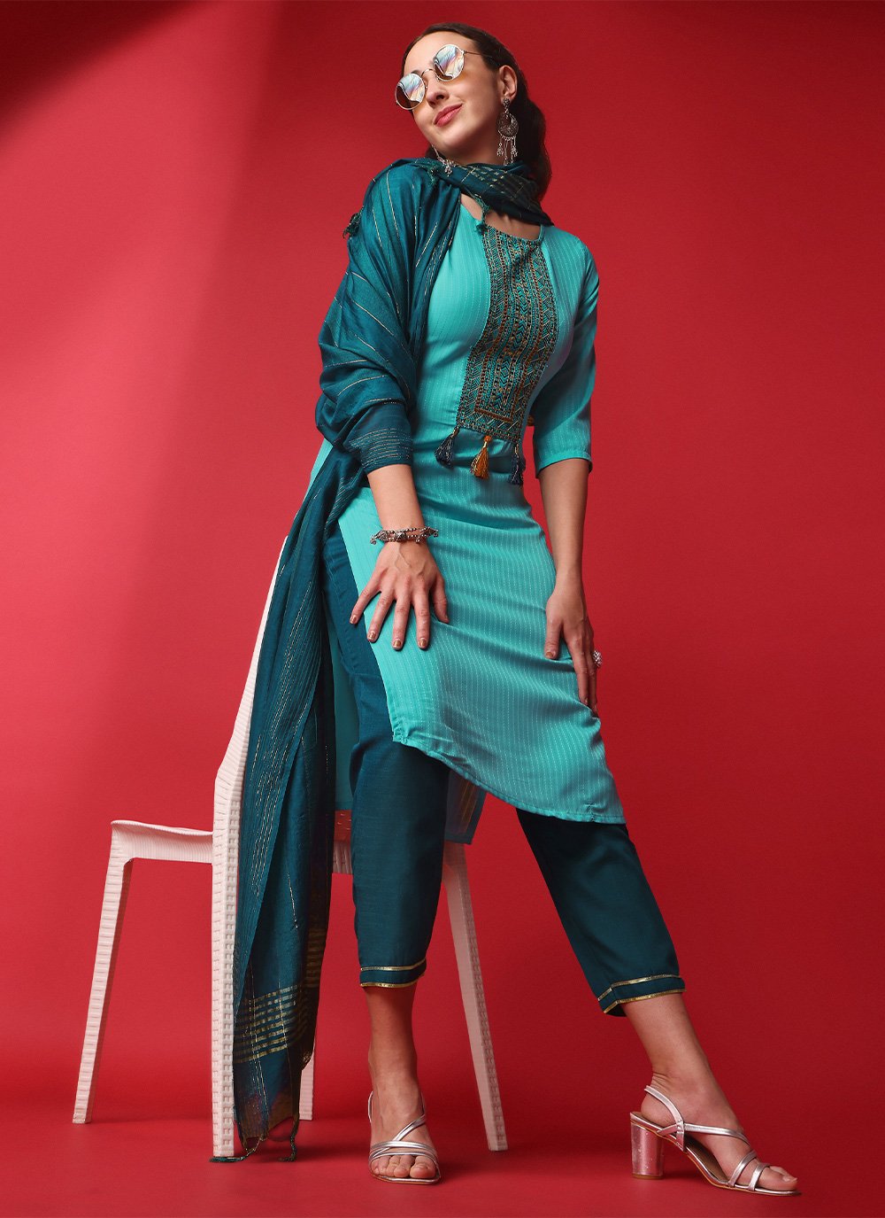 Salwar Suit Rayon Viscose Turquoise Embroidered Salwar Kameez