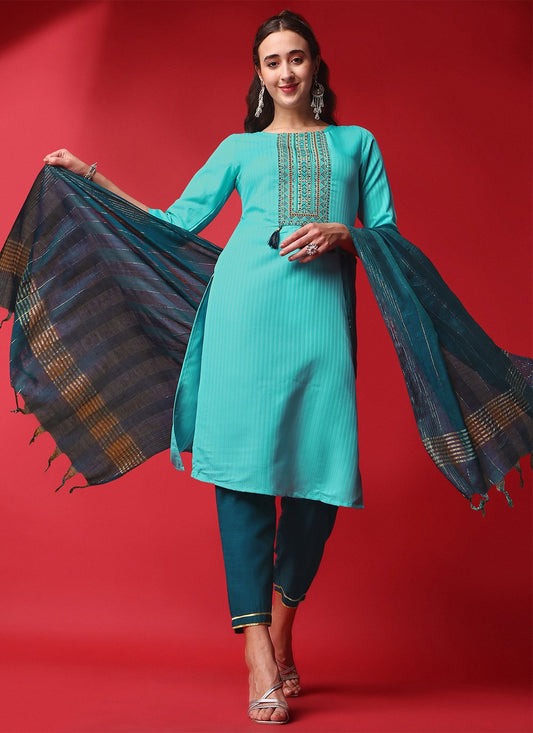 Salwar Suit Rayon Viscose Turquoise Embroidered Salwar Kameez