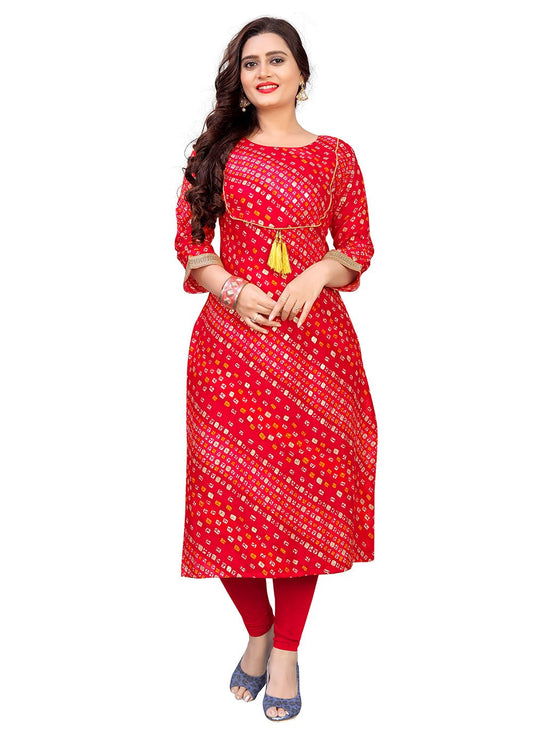 Designer Kurti Rayon Red Foil Print Kurtis