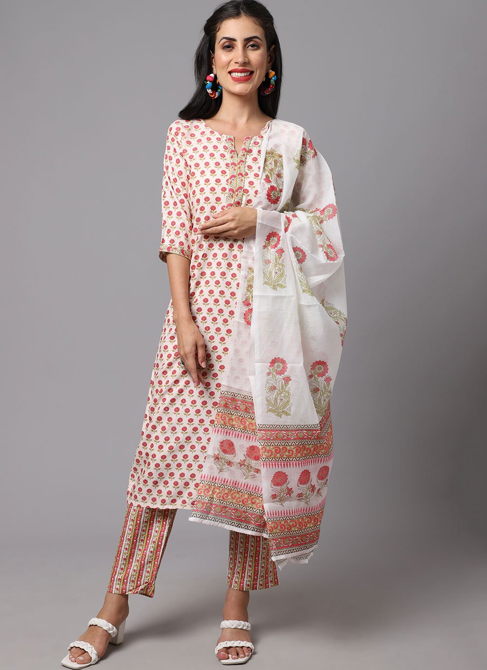 Salwar Suit Rayon White Print Salwar Kameez