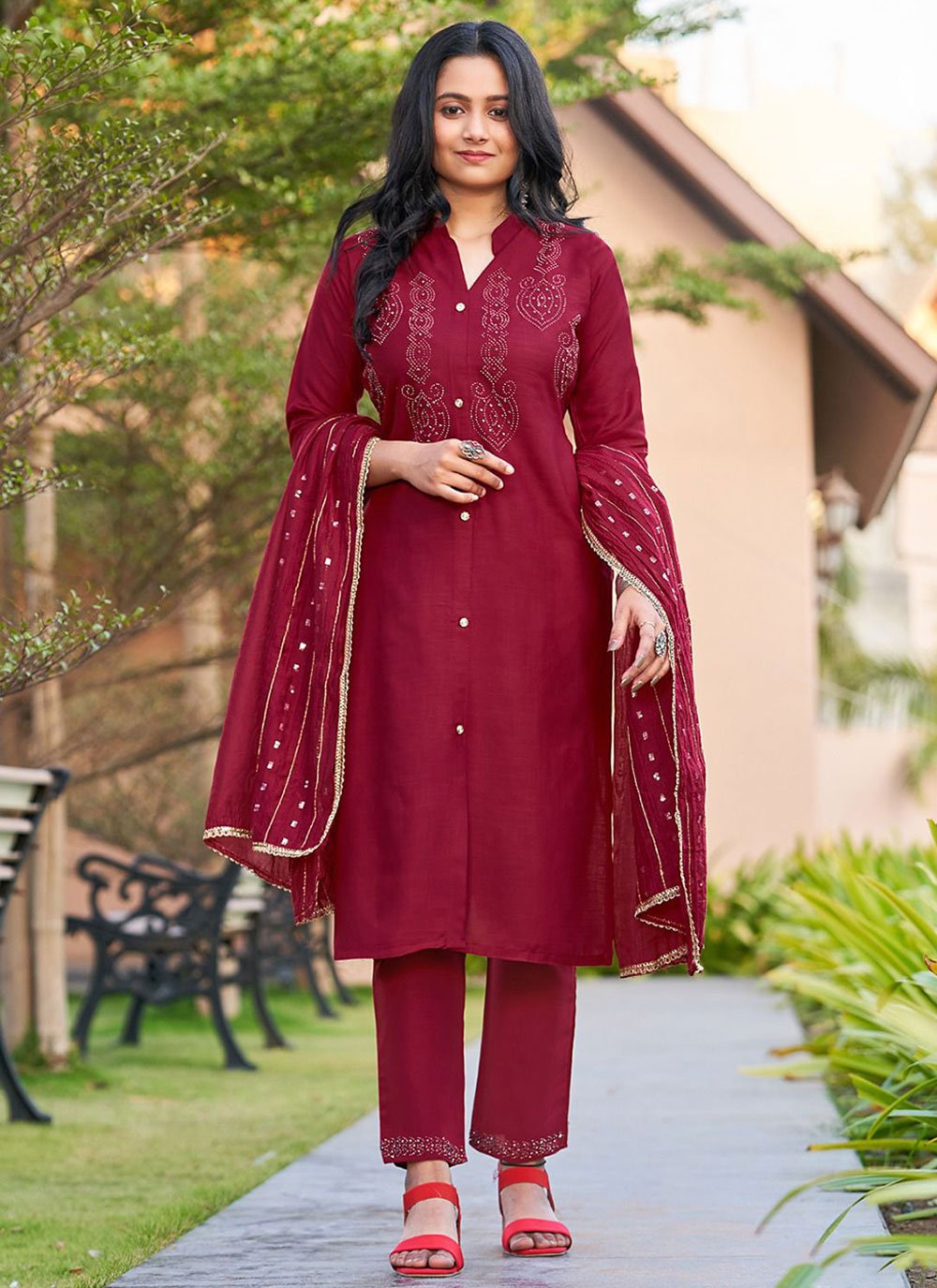 Straight Salwar Suit Rayon Hot Pink Sequins Salwar Kameez