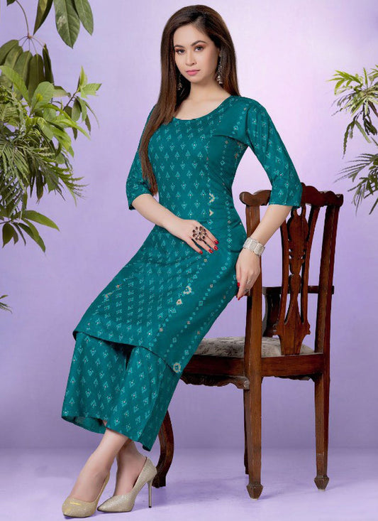 Casual Kurti Rayon Teal Fancy Work Kurtis