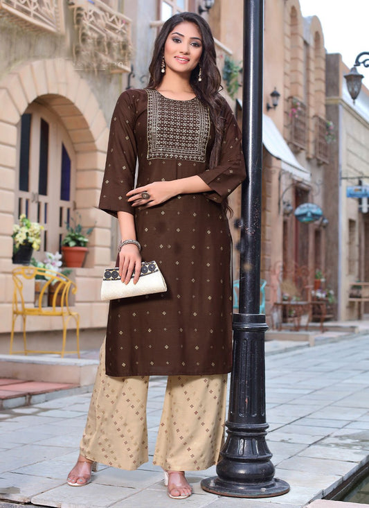 Party Wear Kurti Rayon Brown Foil Print Kurtis