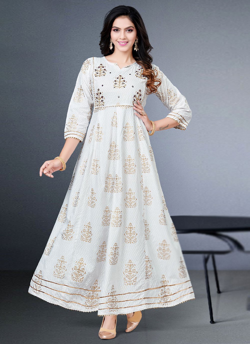 Gown Rayon White Foil Print Gown