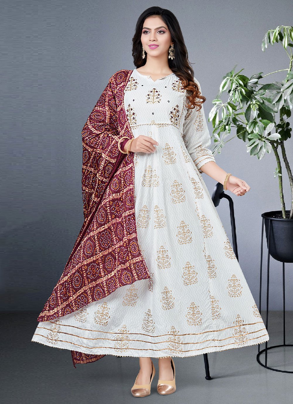 Gown Rayon White Foil Print Gown