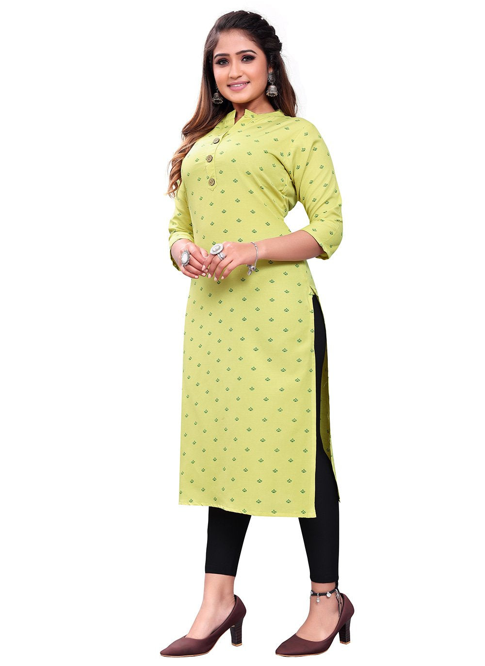 Designer Kurti Rayon Yellow Print Kurtis