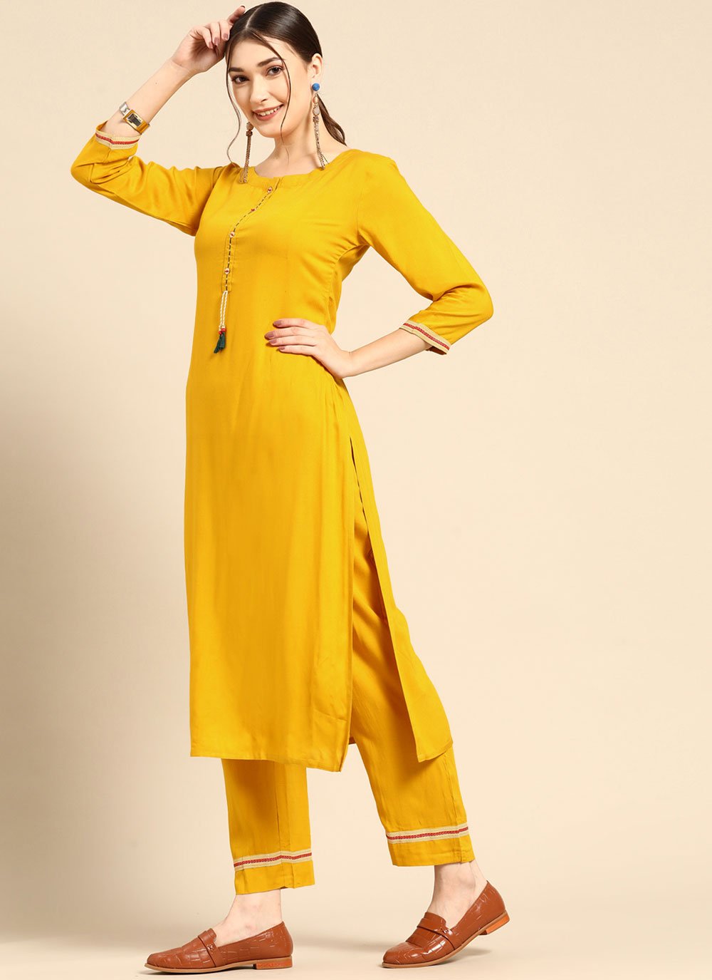 Party Wear Kurti Rayon Yellow Plain Kurtis