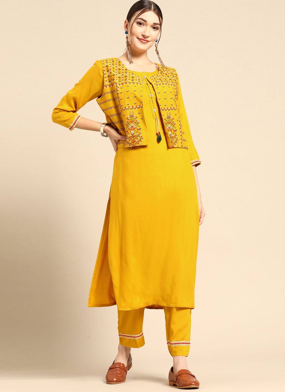 Party Wear Kurti Rayon Yellow Plain Kurtis