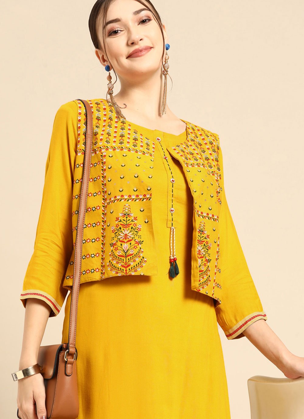 Party Wear Kurti Rayon Yellow Plain Kurtis