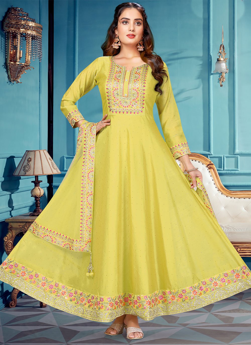 Anarkali Suit Silk Sea Green Embroidered Salwar Kameez